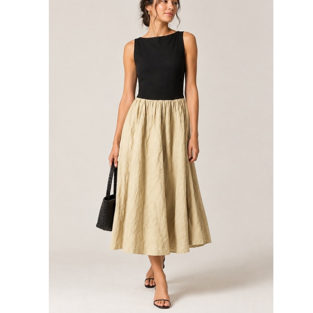 J.Crew Bottleneck Mixy Midi Dress Womens Medium Black Beige Sleeveless A-Line